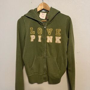 Vintage PINK Victoria's Secret Olive Green Zippered Hoodie